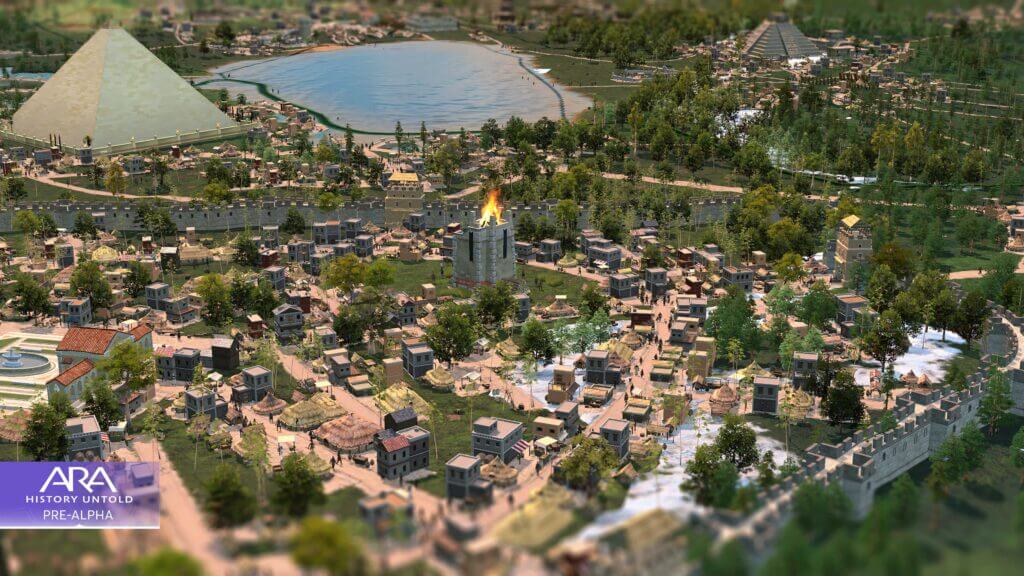 ARA History Untold game screenshot showing an aerial view of a city with one of its buildings on fire.