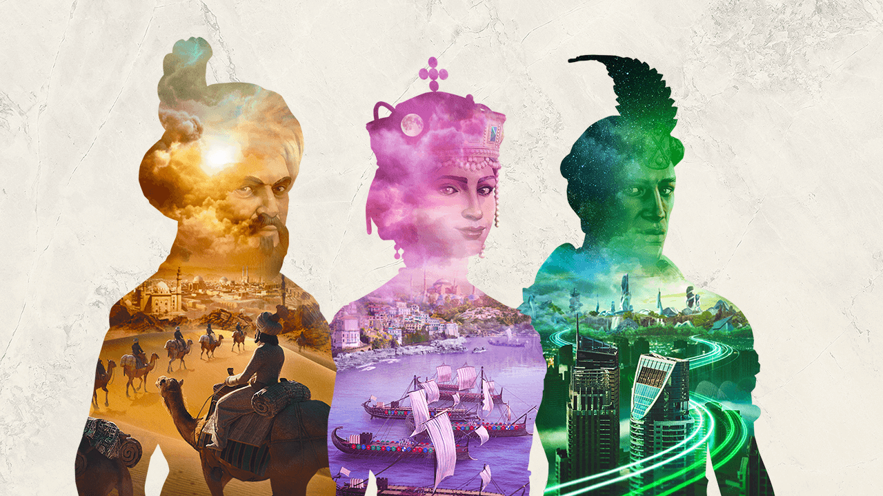 The Ara: History Untold key art, featuring three leaders made up of different eras of history standing side by side.