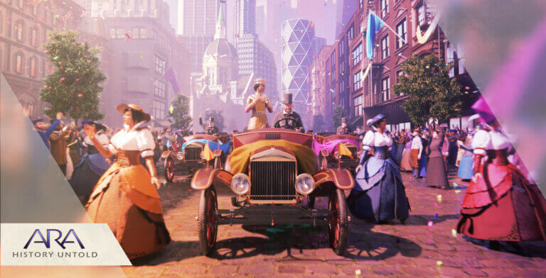 Screenshot from the Ara: History Untold Announce Trailer of a couple standing in a car for a parade, surrounded by people.