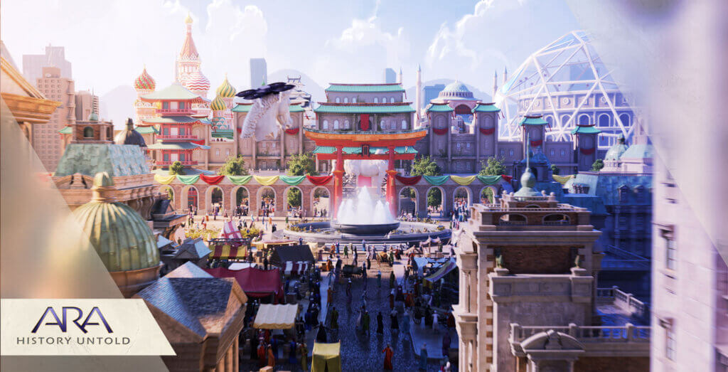 Screenshot from the Ara: History Untold Announcement Trailer showing a crowd gathering around a fountain.
