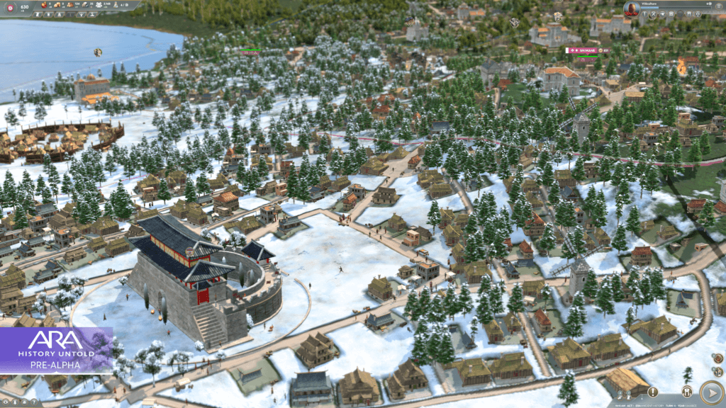 Screenshot of a snowy city from the Ara: History Untold Pre-Alpha