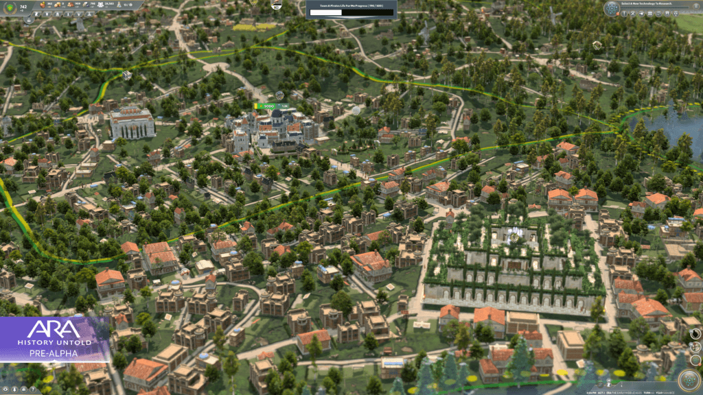 Screenshot of a city with several improvements and the Hanging Gardens of Nineveh from the Ara; History Untold Pre-Alpha