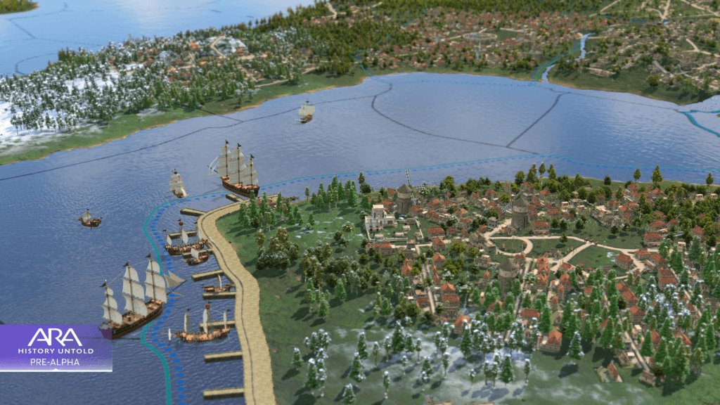 Screenshot of a city with several docks and ships along the coastline from the Ara: History Untold Pre-Alpha