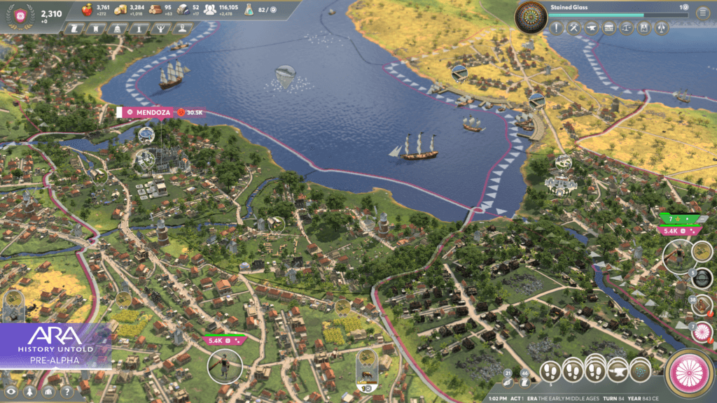 Screenshot showing city borders, coastline, docks, and ships from the Ara: History Untold Pre-Alpha