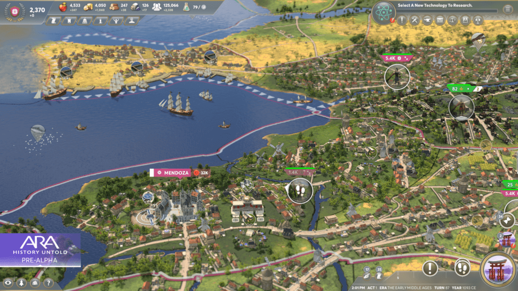 Screenshot of a coastline full of ports and ships from the Ara: History Untold Pre-Alpha