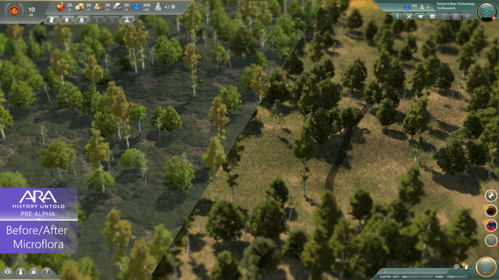 A screenshot of Ara: history Untold's forest biome split down the middle showing before (left) and after (right) the addition of microflora