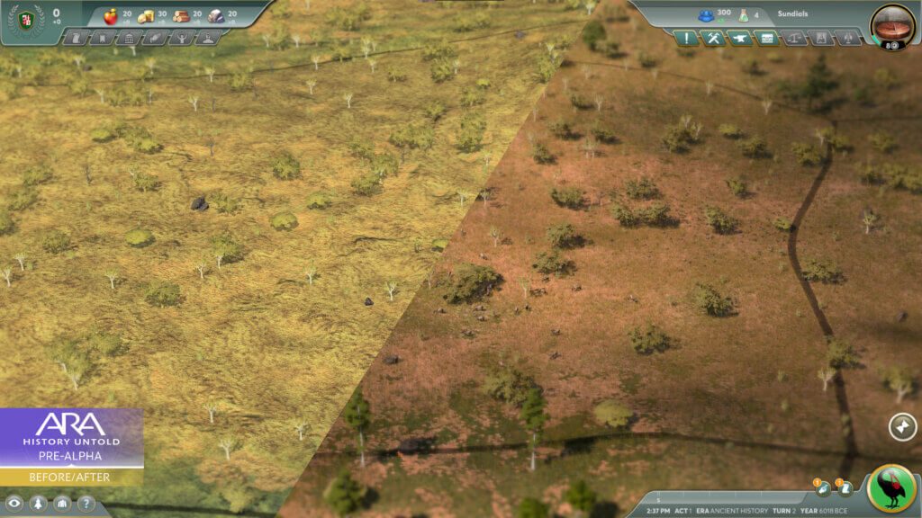 A screenshot with a split down the middle showing the before (left) and after (right) of increased terrain resolutions