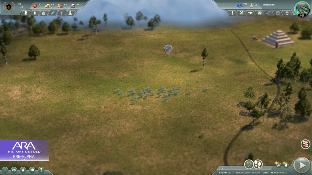 A screenshot from Ara: HIstory Untold of grasslands with grapes that can be harvested.
