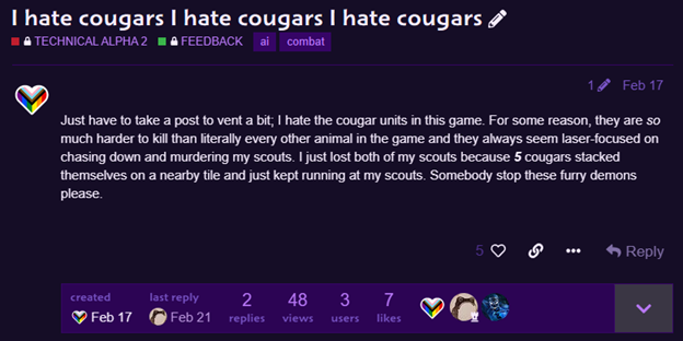 A screenshot of the Ara; history Untold Forums showing a user's displeasure with cougars. The text reads, "I hate cougars I hate cougars I hate cougars"