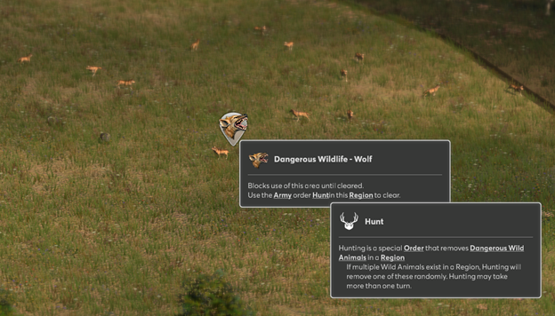 A screenshot from Ara: HIstory Untold of the savannah biome with text box showing details of dangerous wildlife needing to be cleared before continuing.