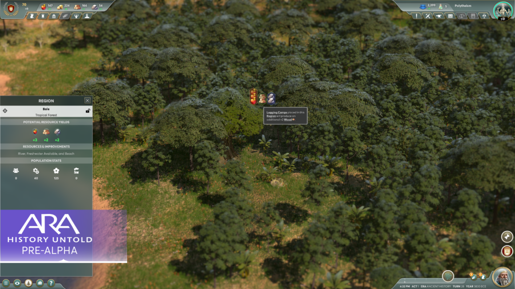 A screenshot from Ara: HIstory Untold of the tropical forest biome with icons showing food, wood, and stone resources.