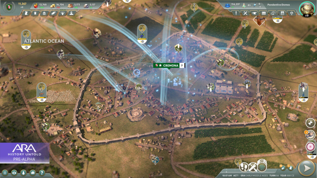 Screenshot of Ara: History Untold showing a city center with beams of light coming out of it.