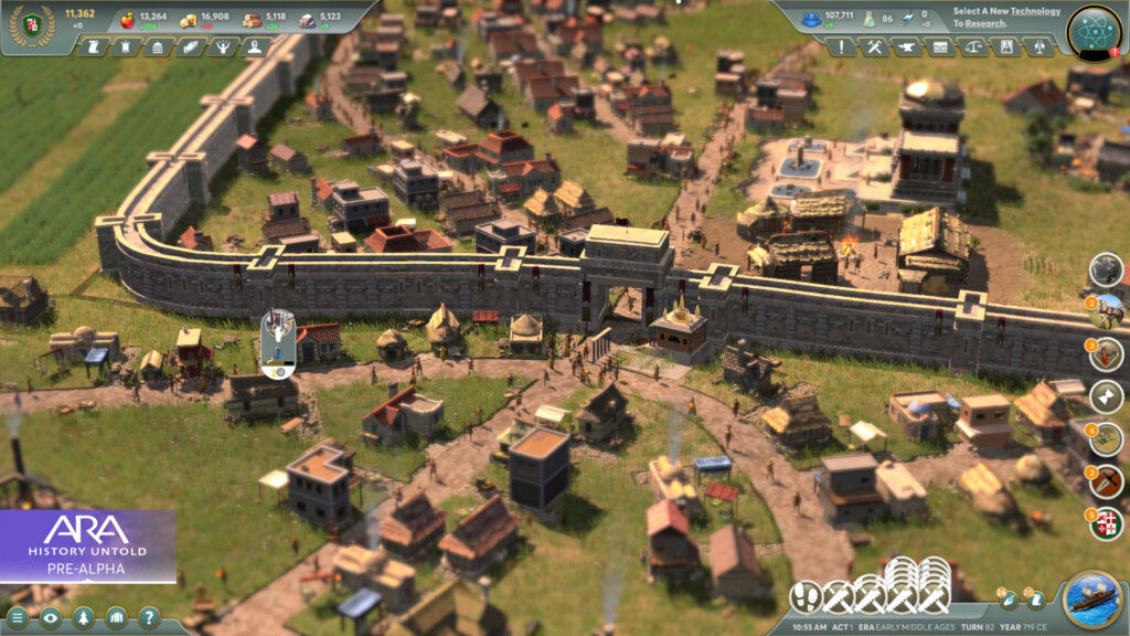 Screenshot of Ara: History Untold showing the city border with a wall and archway.
