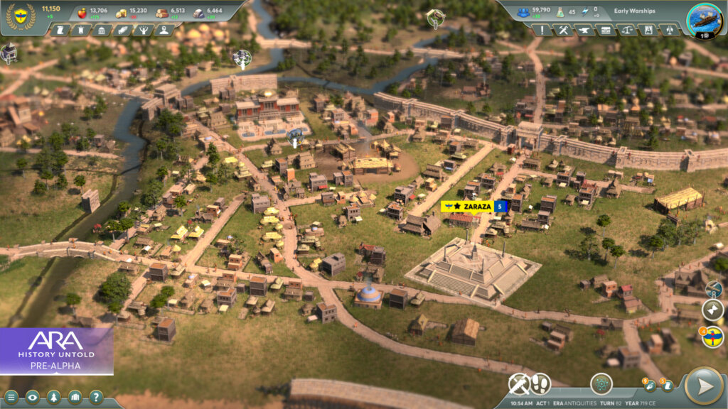 Screenshot of Ara: History Untold showing a city with a network of roads and rivers.