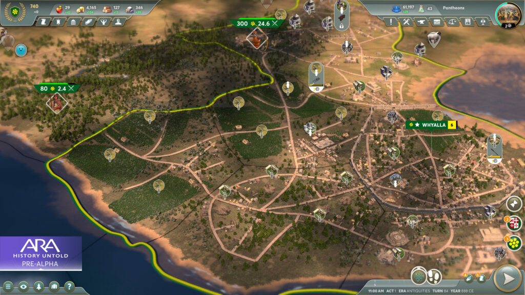 Screenshot of Ara: History Untold from a zoomed out view showing a network of roads that connects farmland and city.