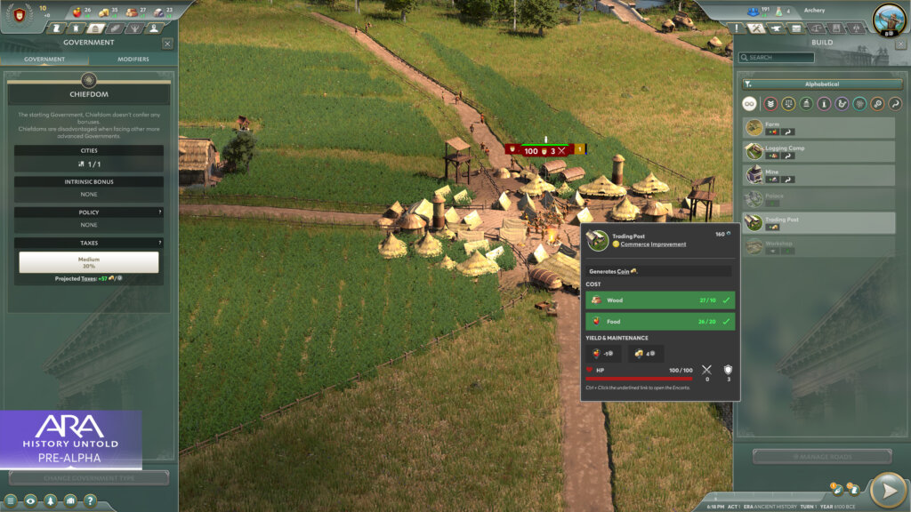Screenshot of Ara: History Untold showing a UI panel on the left and right, with a small early Trading Post.