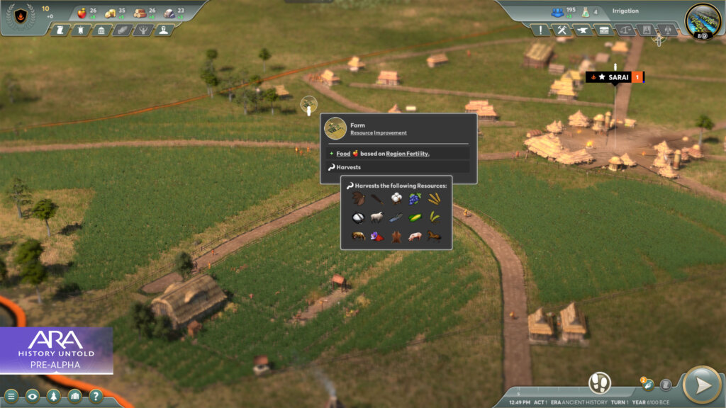 Screenshot of Ara: History Untold showing a farm and the UI listing various resources it will harvest.