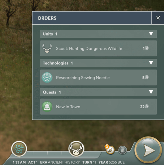 A screenshot of the UI panel showing the orders available to give scouts.