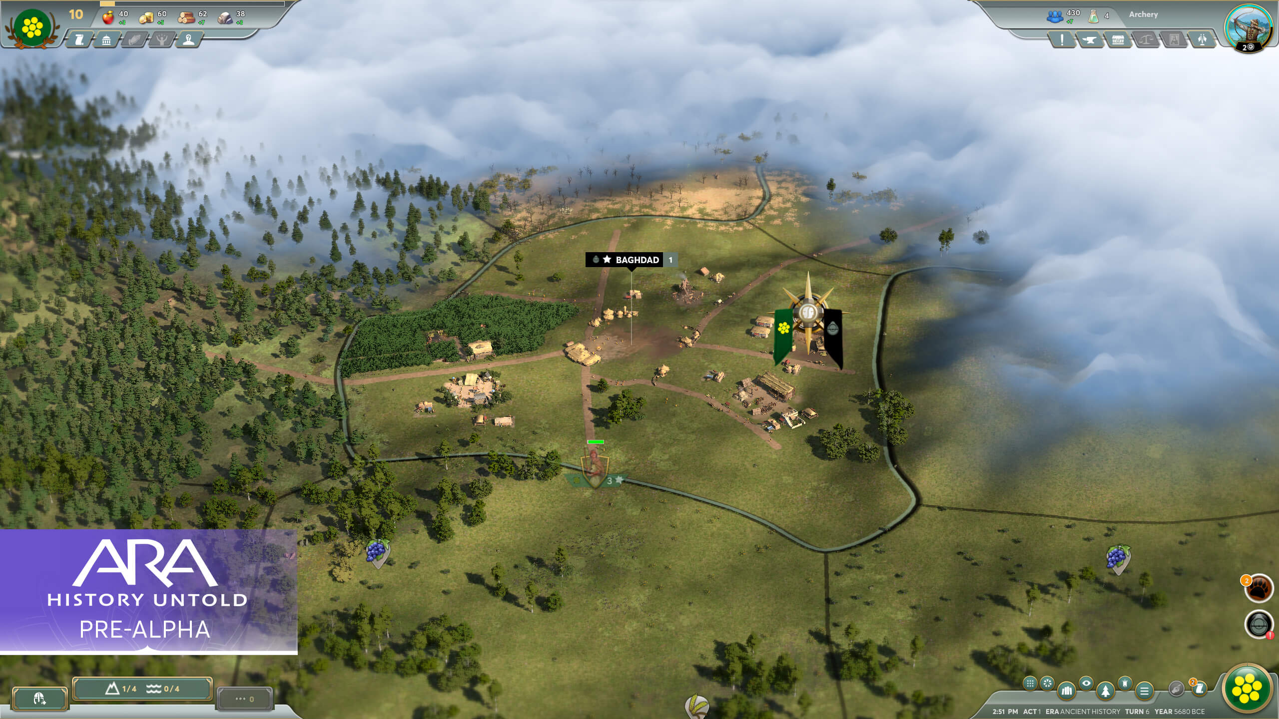 A screenshot from Ara: History Untold pre-alpha showing a scout unit making first contact with a new nation.