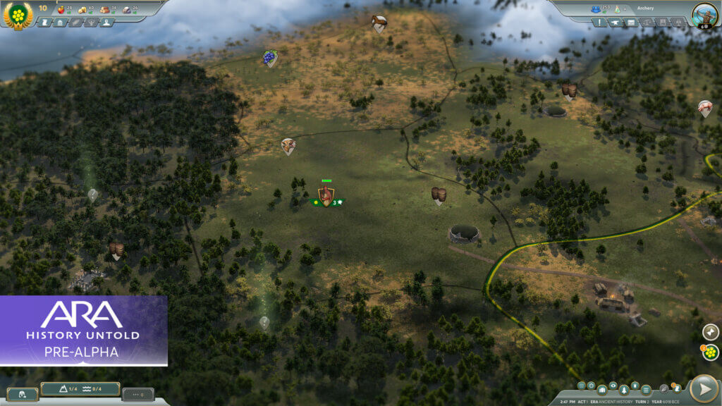 A screenshot from Ara: History Untold pre-alpha showing the scout unit approaching a hidden resource.