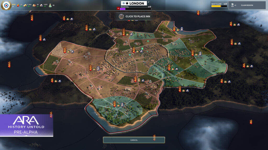 A screenshot of the available buildable zones from the City menu in Ara: History Untold.