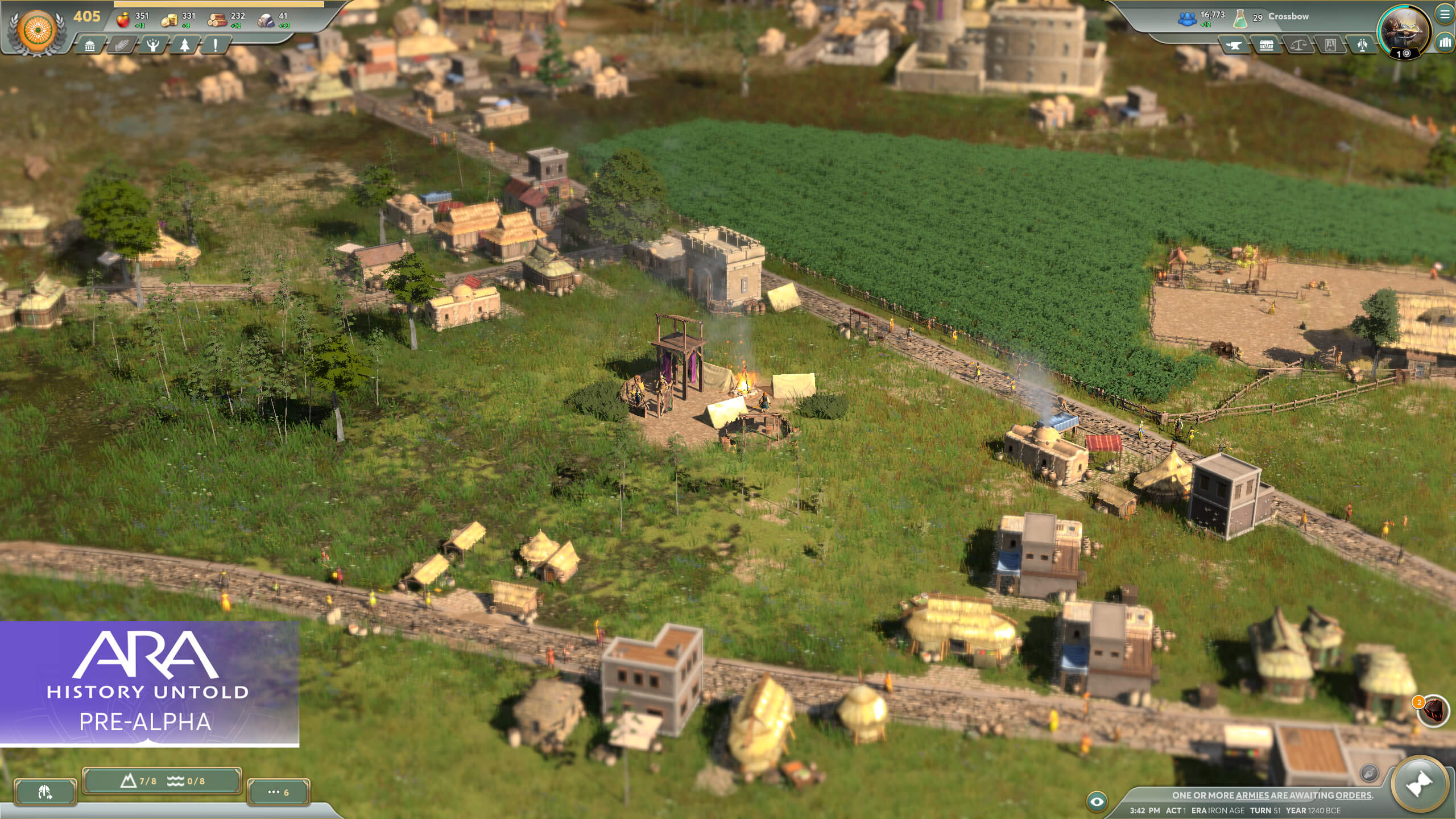 A screenshot from Ara: History Untold of a camp in a busy city.