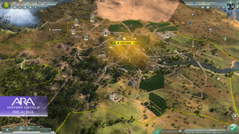 A screenshot from Ara: History Untold of a large and prosperous city, comprised of many regions and improvements.