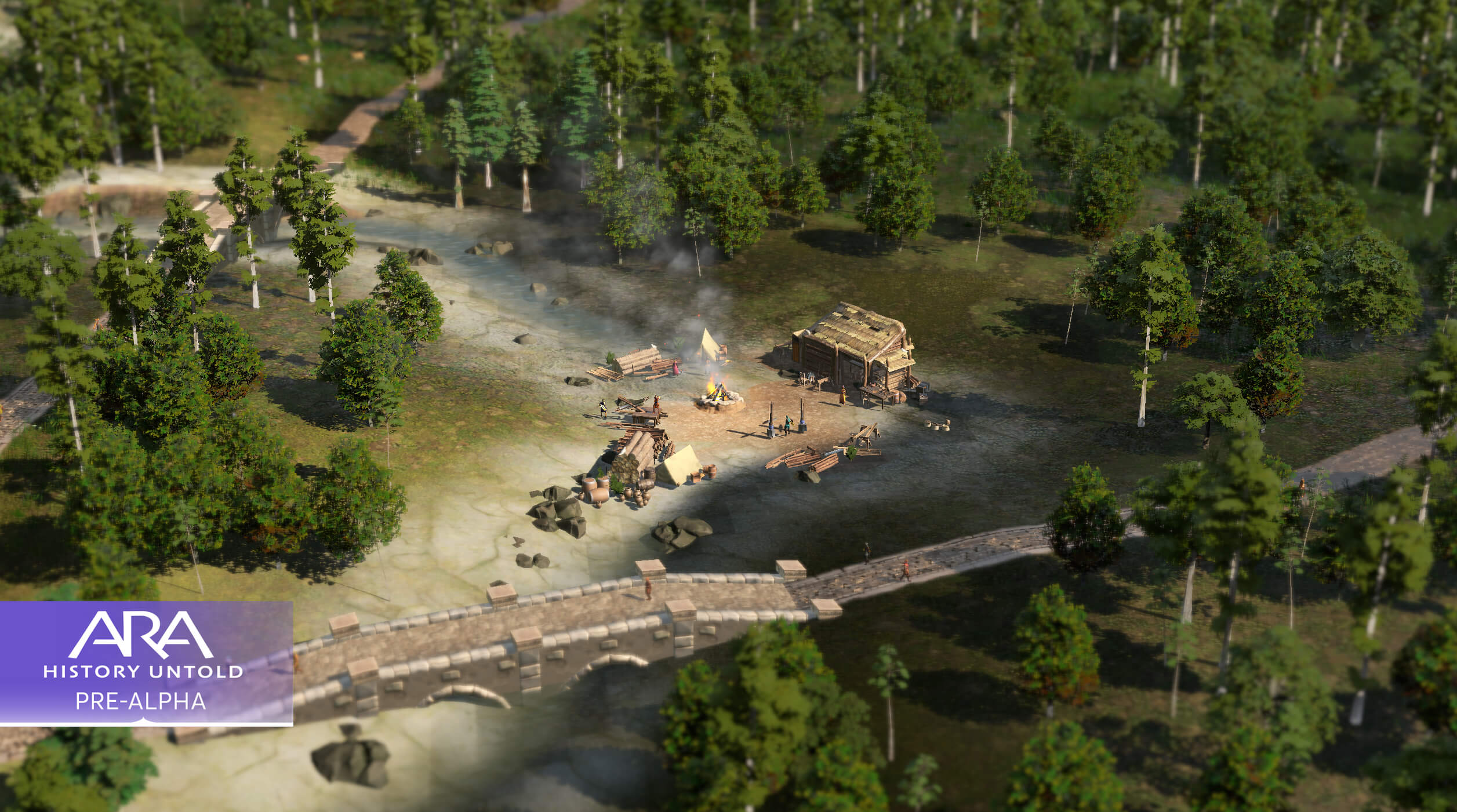 A screenshot of a Logging Camp improvement in the temperate forest of Ara: History Untold.