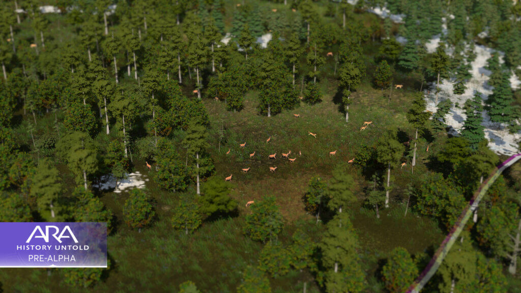 A screenshot from Ara: History Untold of a temperate forest and wild white tail deer and wolves.