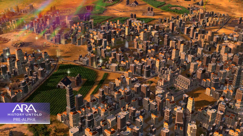 A screenshot of a robust modern city in Ara: History Untold.