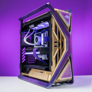 Image of custom Ara-themed PC designed by Justin Robey. Angle shows the clear panel into the PC that shows the components and specs of PC.