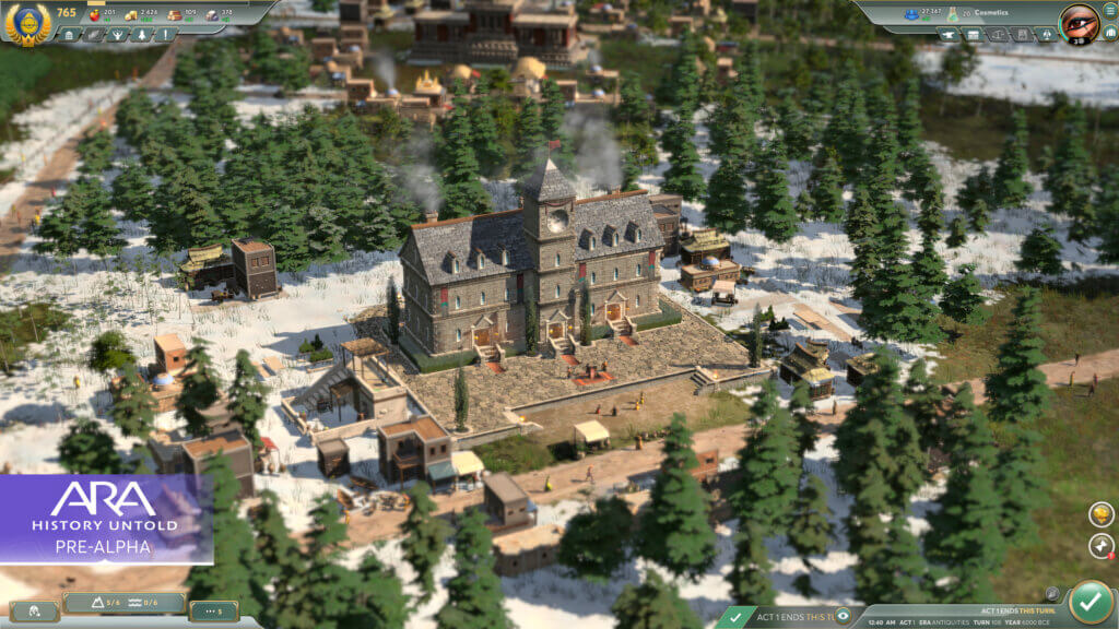 A screenshot of a city hall in the middle of a snowy forest in Ara: History Untold.