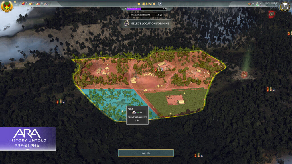 A screenshot showing highlighted regions where a mine could be placed in Ara: History Untold