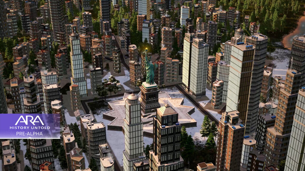 A screenshot of a modern city full of skyscrapers surrounding the Statue of Liberty.