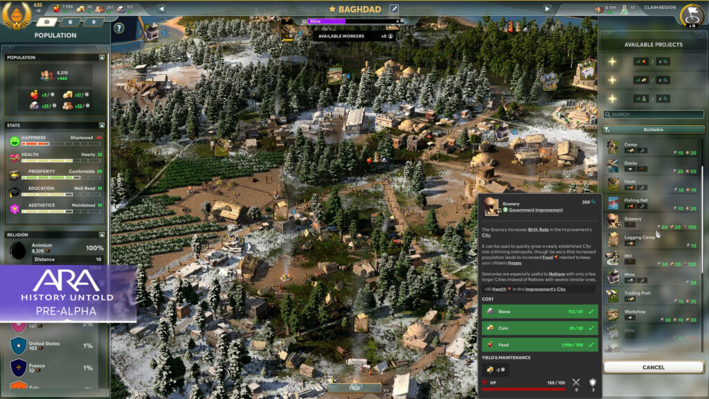 A screenshot of Ara: History Untold looking over a city with a menu over lay.