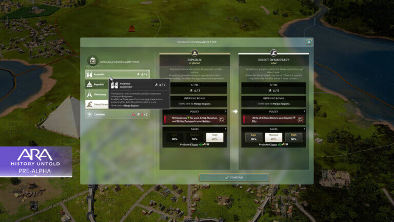 A screenshot of the Government Menu from Ara: History Untold. Governments shown in detail: Republic (left box) and democracy (Right box)