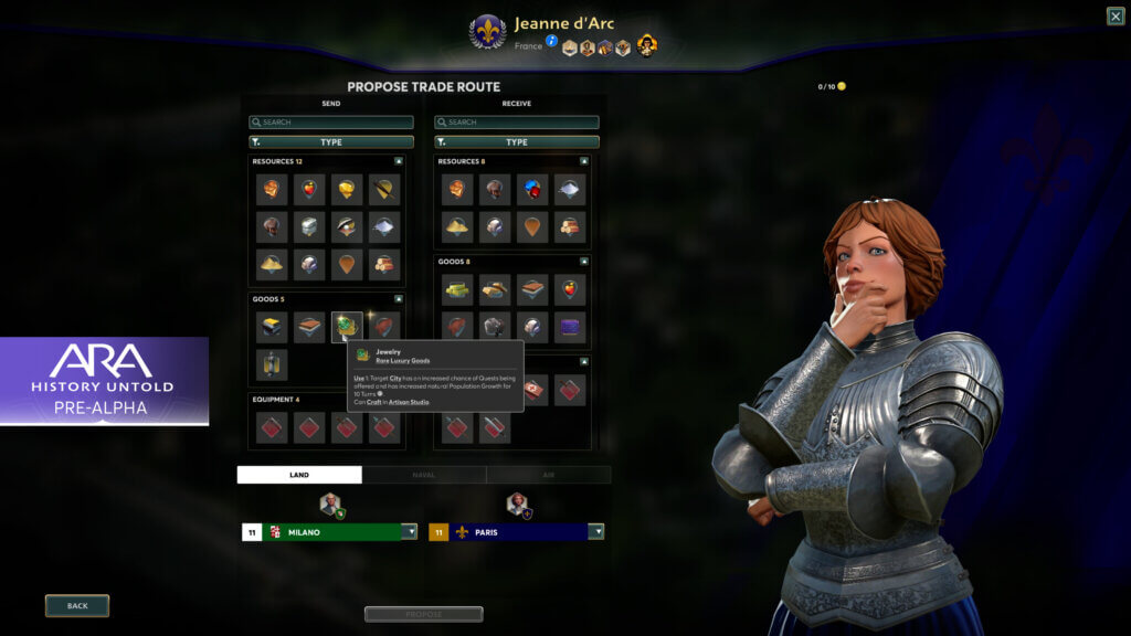 A screenshot of the trade menu with Jean D'Arc