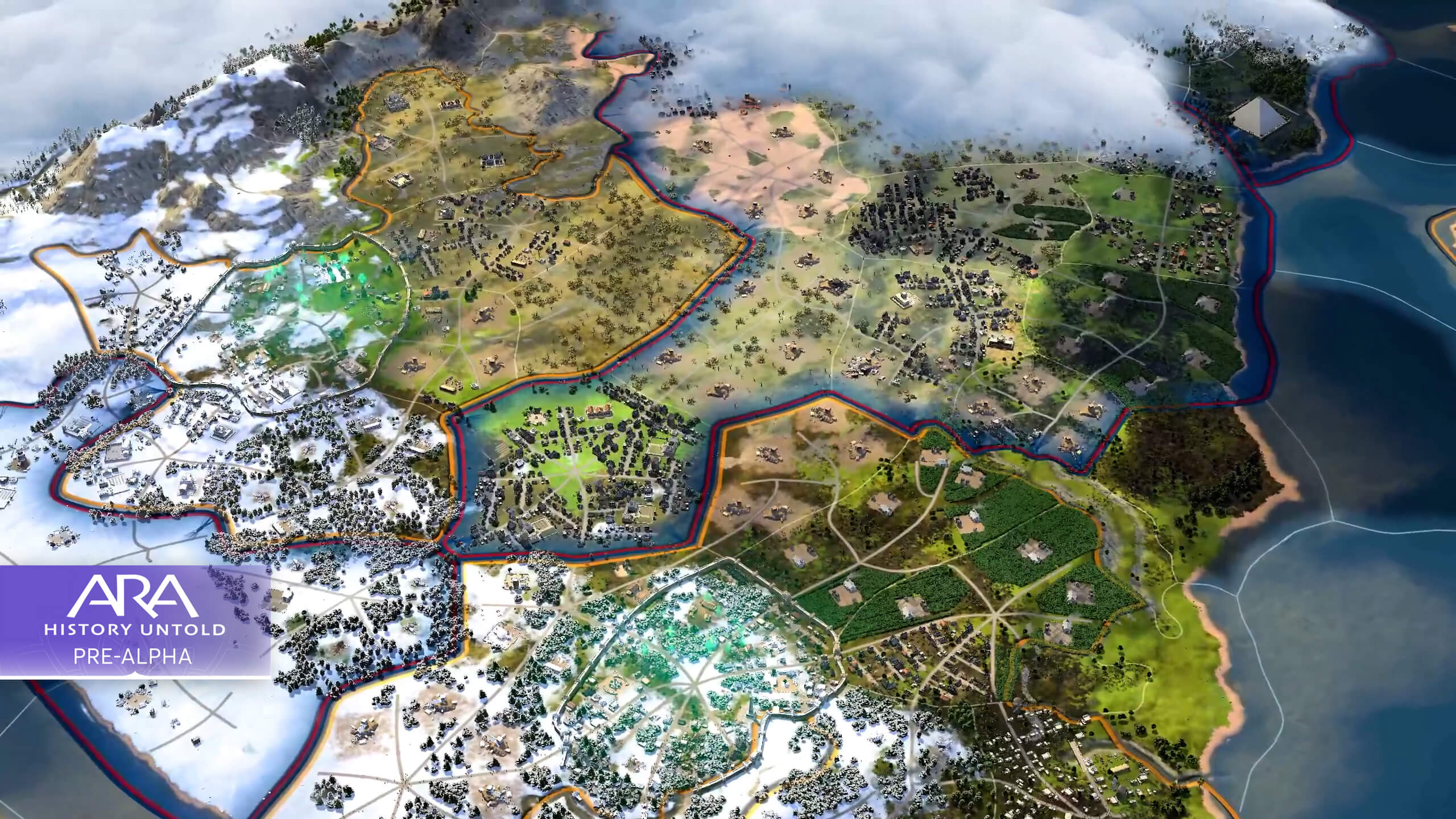 A screenshot of Ara: History Untold of the various terrains from a zoomed out view.