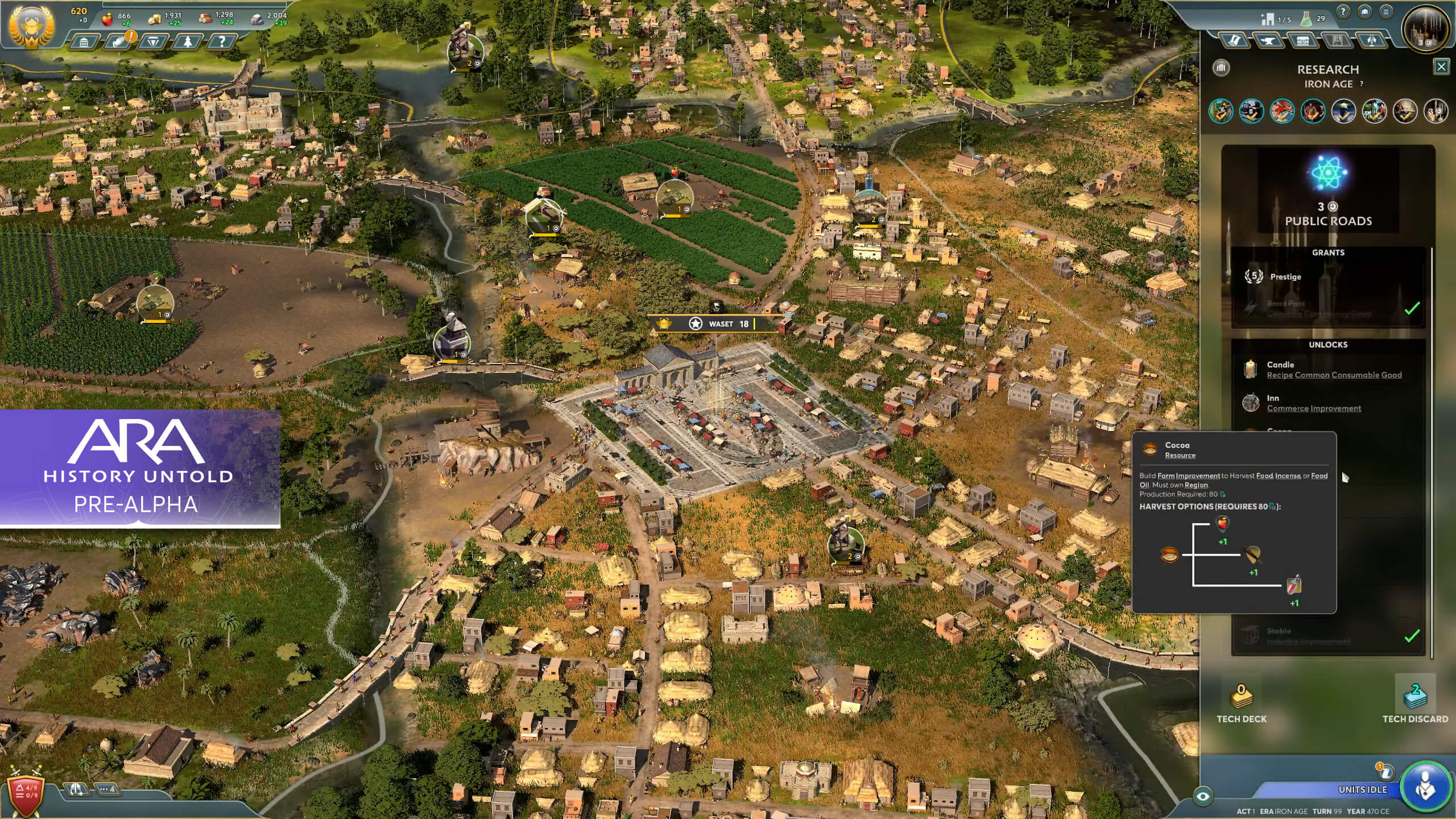 A screenshot of Ara: History Untold of a budding city and a detailed setting screen.