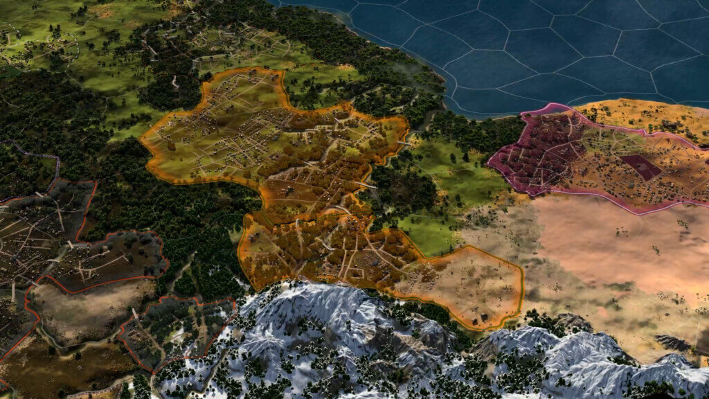 A screenshot of Ara: History Untold of a distant view of several unclaimed regions.