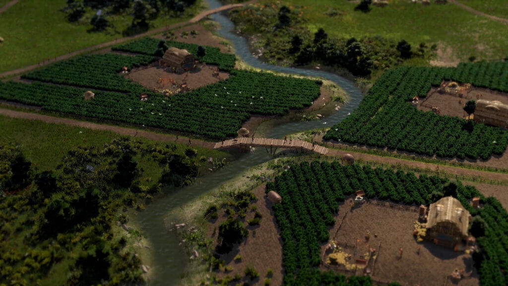 A screenshot of Ara: History Untold farmland surrounded by the forest biome.