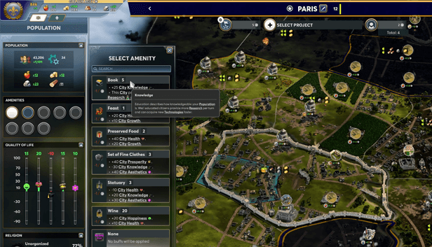 A screenshot of Ara: History Untold 's Amenity menu