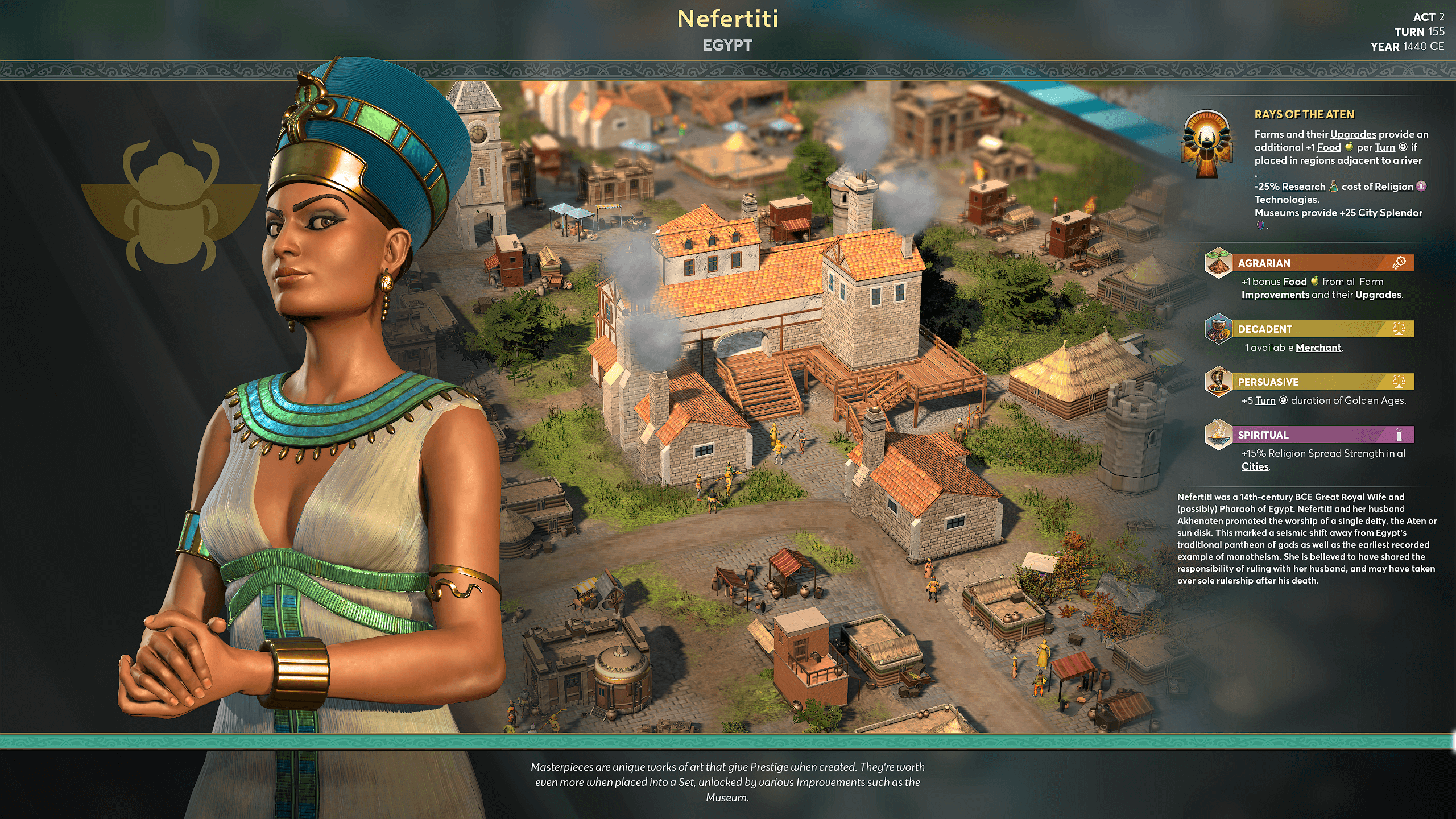 A screenshot showing the leader screen in Ara: History Untold - specifically depicting the Leader Nefertiti