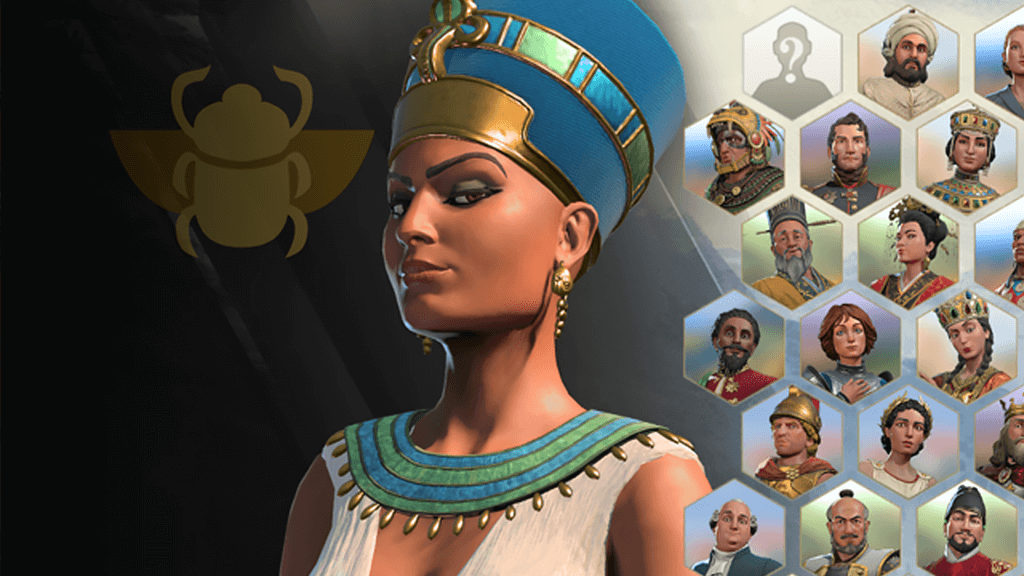 Screenshot of the Ara: History Untold UI, containing the leader Nefertiti of Egypt.