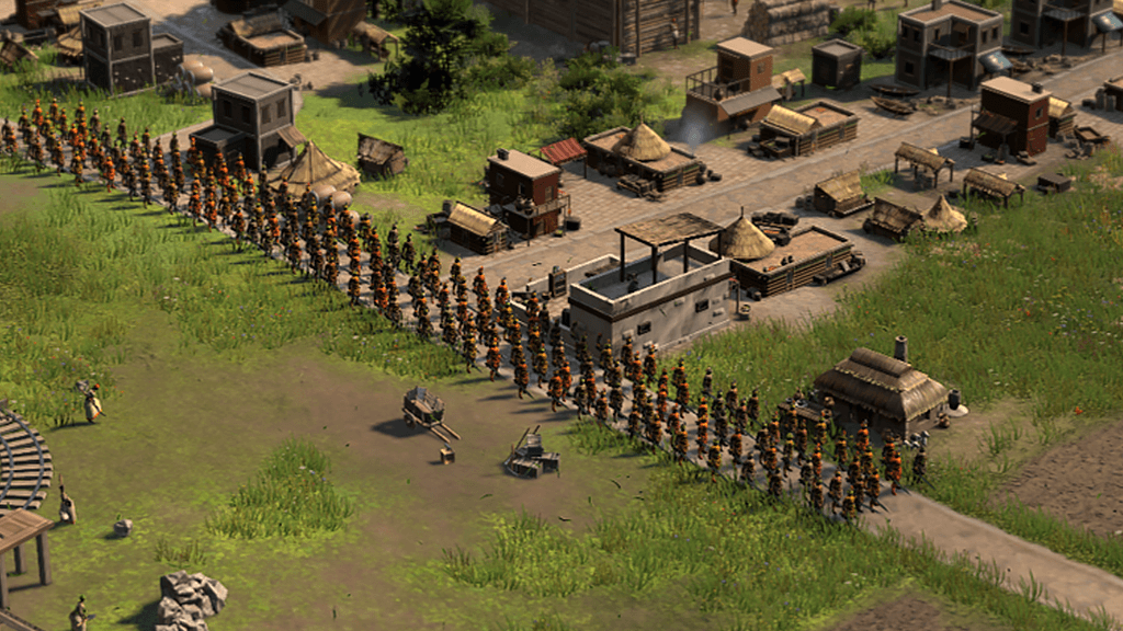 Screenshot of the Ara: History Untold containing a group of soldiers assembled on a path, traveling through a village.