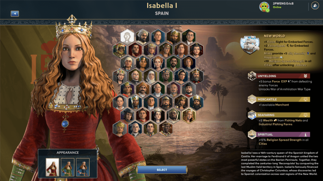 Screenshot of the Ara: History Untold UI, containing the leader Isabella I of Spain highlighting her unique trait: New World.