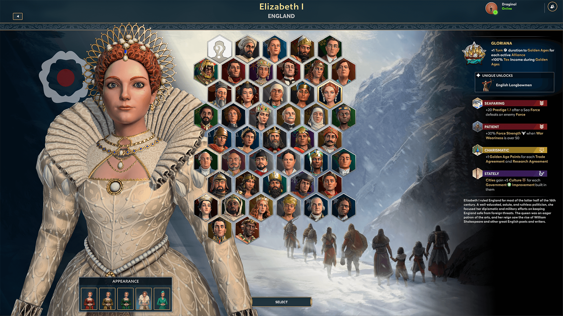 Queen Elizabeth I of England displays the leader selection interface with hexagonal portraits of historical rulers, with game interface elements showing leader abilities and historical information.