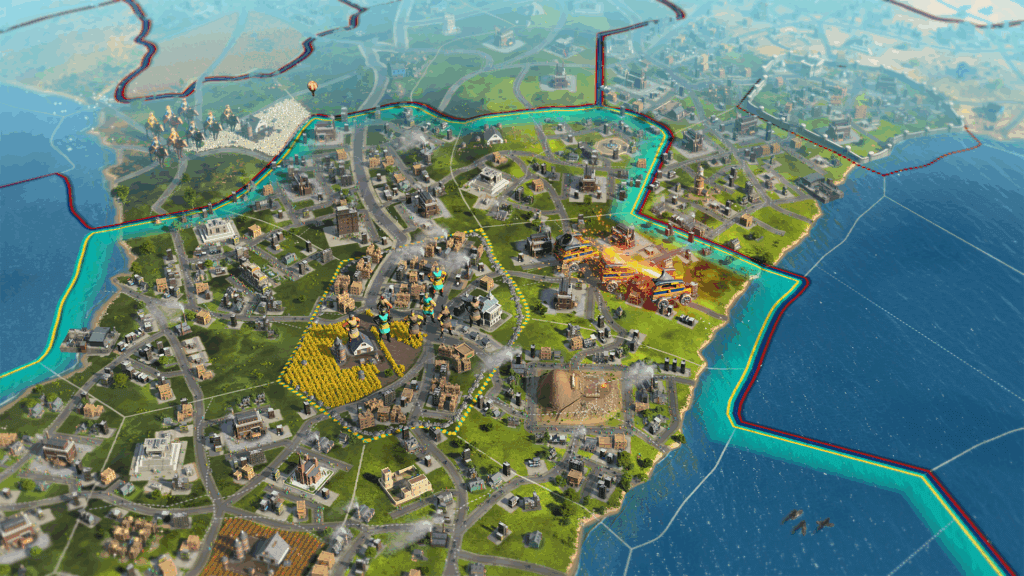 A sprawling ancient city stretches across coastal terrain with detailed buildings, farmland, and territorial boundaries highlighted in turquoise.