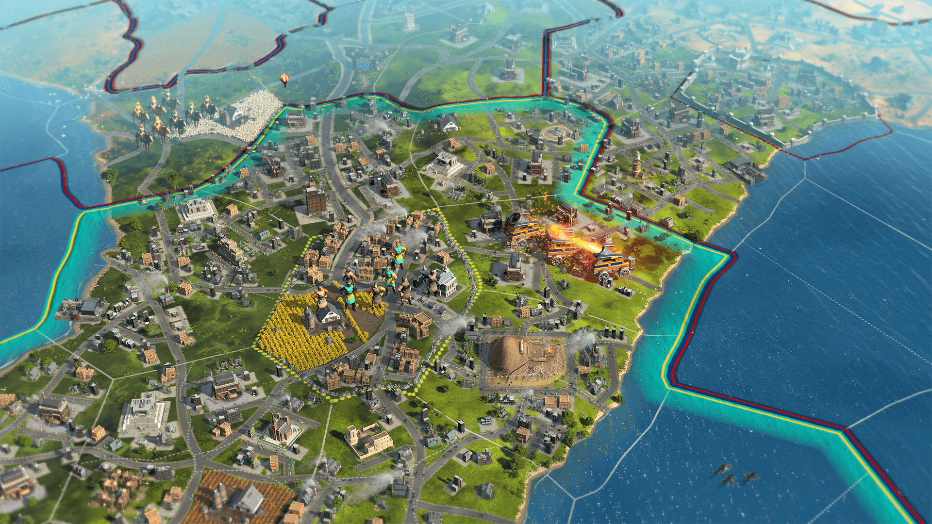 A sprawling ancient city stretches across coastal terrain with detailed buildings, farmland, and territorial boundaries highlighted in turquoise.