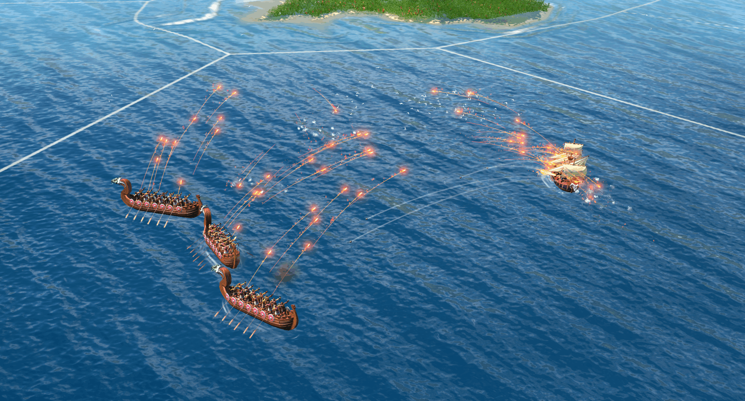 Naval combat unfolds on the open seas as warships engage in battle with explosions and tactical formations visible from above.